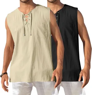 Tank Tops Men Cotton and Linen 2 Pc Sleeveless Beach Summer Casual Muscle Gym Workout Big and Tall Vest Fashion Shirts
