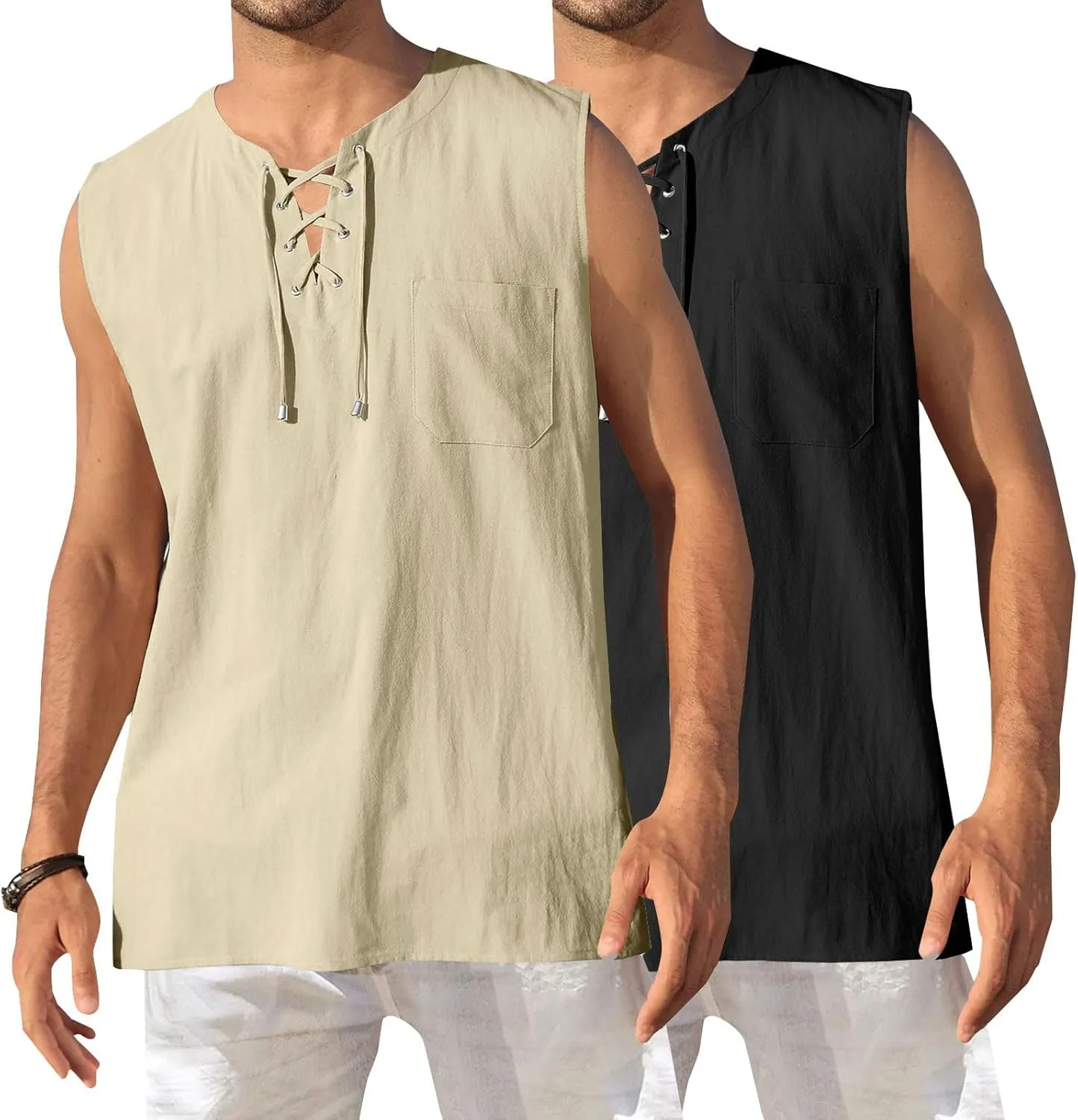Tank Tops Men Cotton and Linen 2 Pc Sleeveless Beach Summer Casual Muscle Gym Workout Big and Tall Vest Fashion Shirts