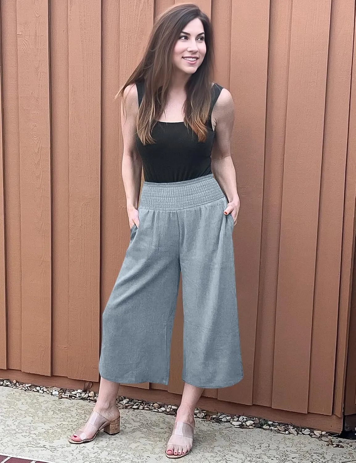 TARSE Womens Linen Palazzo Capri Pants Boho Summer Smocked High Waist Wide Leg Casual Loose Trousers with Pockets Flowy Pants