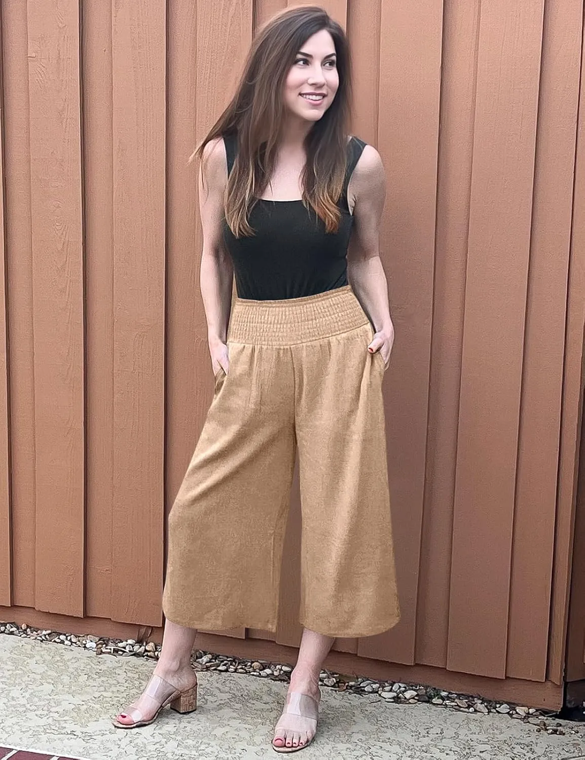 TARSE Womens Linen Palazzo Capri Pants Boho Summer Smocked High Waist Wide Leg Casual Loose Trousers with Pockets Flowy Pants