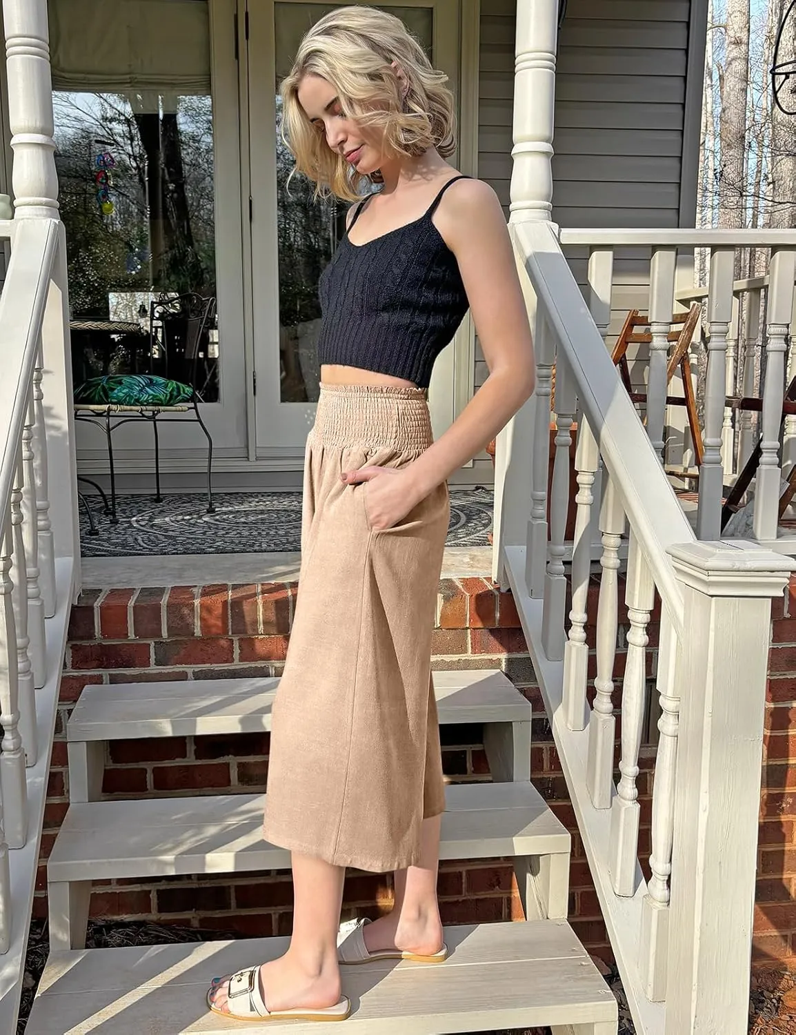 TARSE Womens Linen Palazzo Capri Pants Boho Summer Smocked High Waist Wide Leg Casual Loose Trousers with Pockets Flowy Pants
