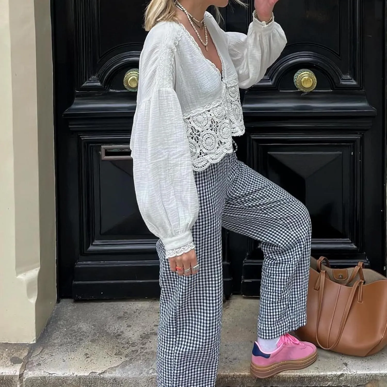 Tkuycn Women Y2K Plaid Pants High Waist Straight Leg Trousers Gingham Lounge Pants Streetwear Summer Drawstring
