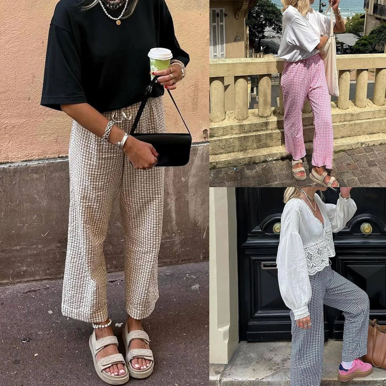 Tkuycn Women Y2K Plaid Pants High Waist Straight Leg Trousers Gingham Lounge Pants Streetwear Summer Drawstring