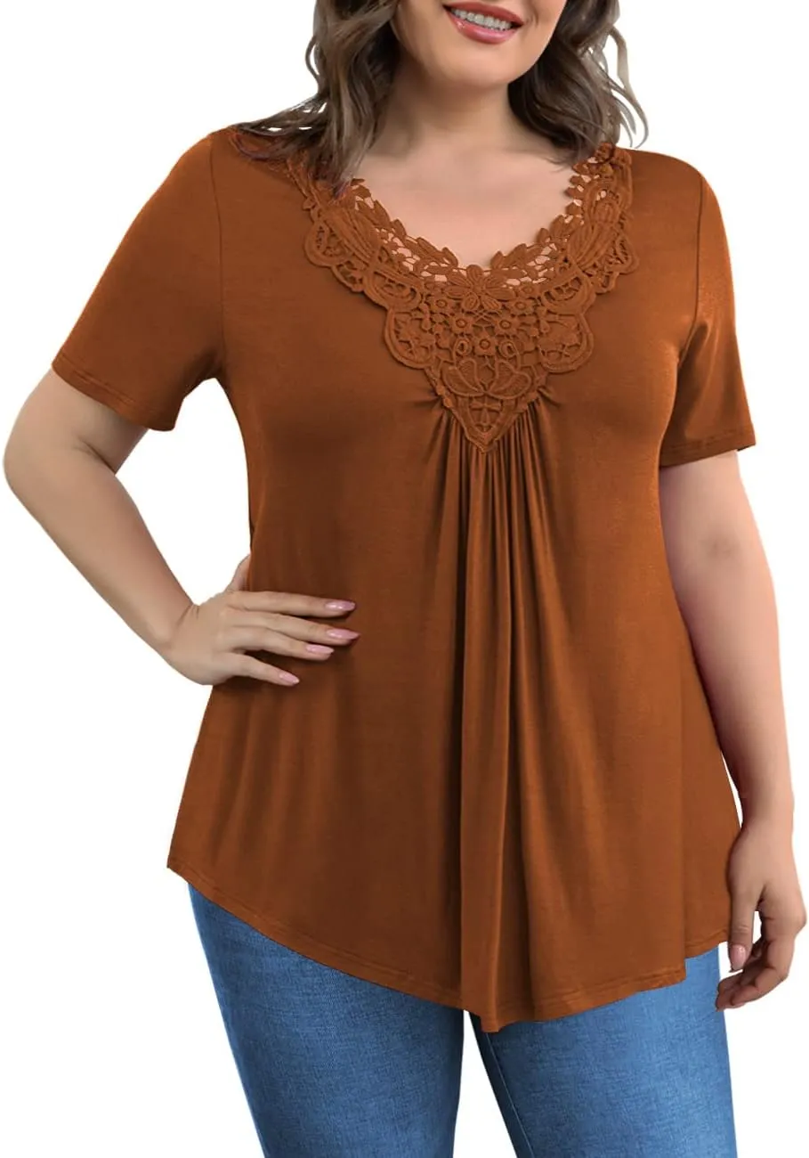 Tralilbee Women's Plus Size Tops Casual Blouse Short Sleeve Lace Crochet Tunic Tops, M-4XL
