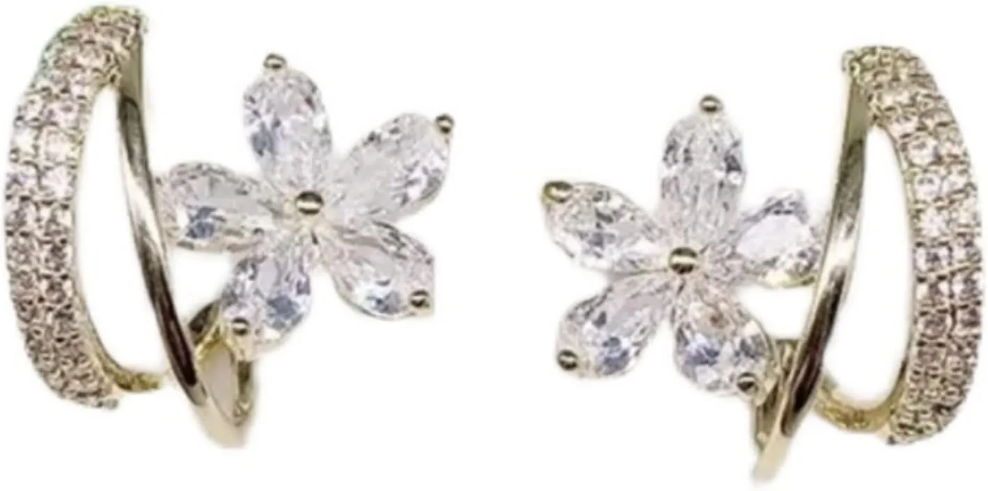 Trendy Nose Rings Korean Trendy Earrings Micro Encrusted with Diamonds Small C Ring Zircon Five Petal Flower Design Exquisite Earrings Silver Needles Little Earrings (A, One Size)