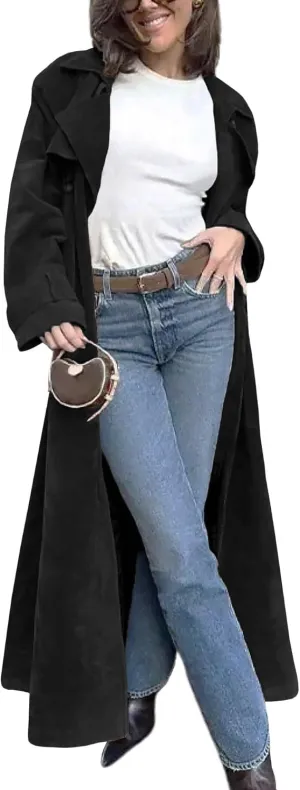 utcoco Womens Faux Suede Long Trench Coat Notched Lapel Double Breasted Pea Coat Overcoat with Belt