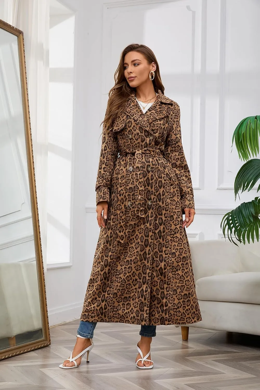 utcoco Womens Faux Suede Long Trench Coat Notched Lapel Double Breasted Pea Coat Overcoat with Belt