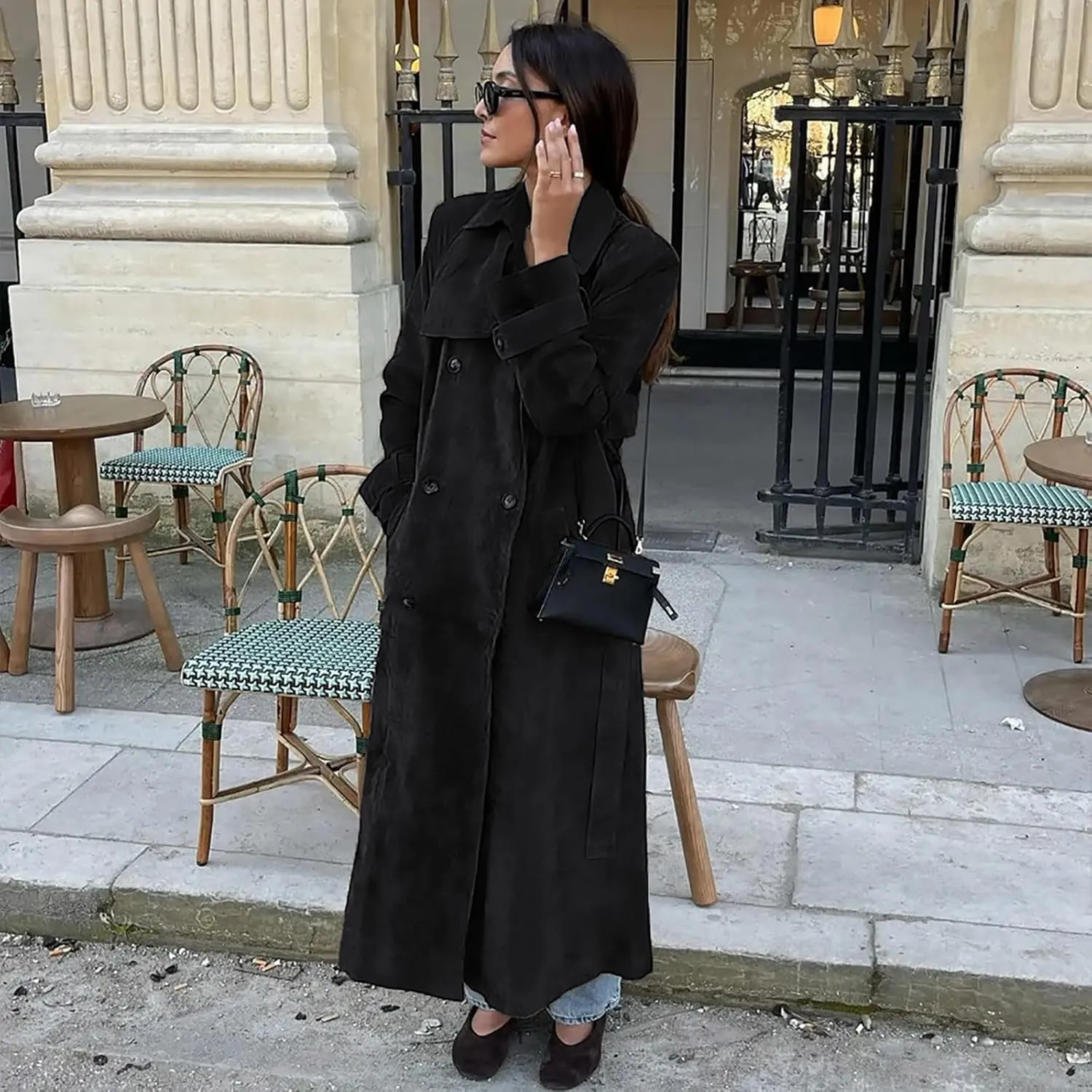 utcoco Womens Faux Suede Long Trench Coat Notched Lapel Double Breasted Pea Coat Overcoat with Belt