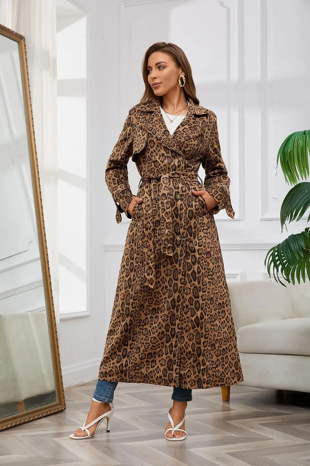 utcoco Womens Faux Suede Long Trench Coat Notched Lapel Double Breasted Pea Coat Overcoat with Belt