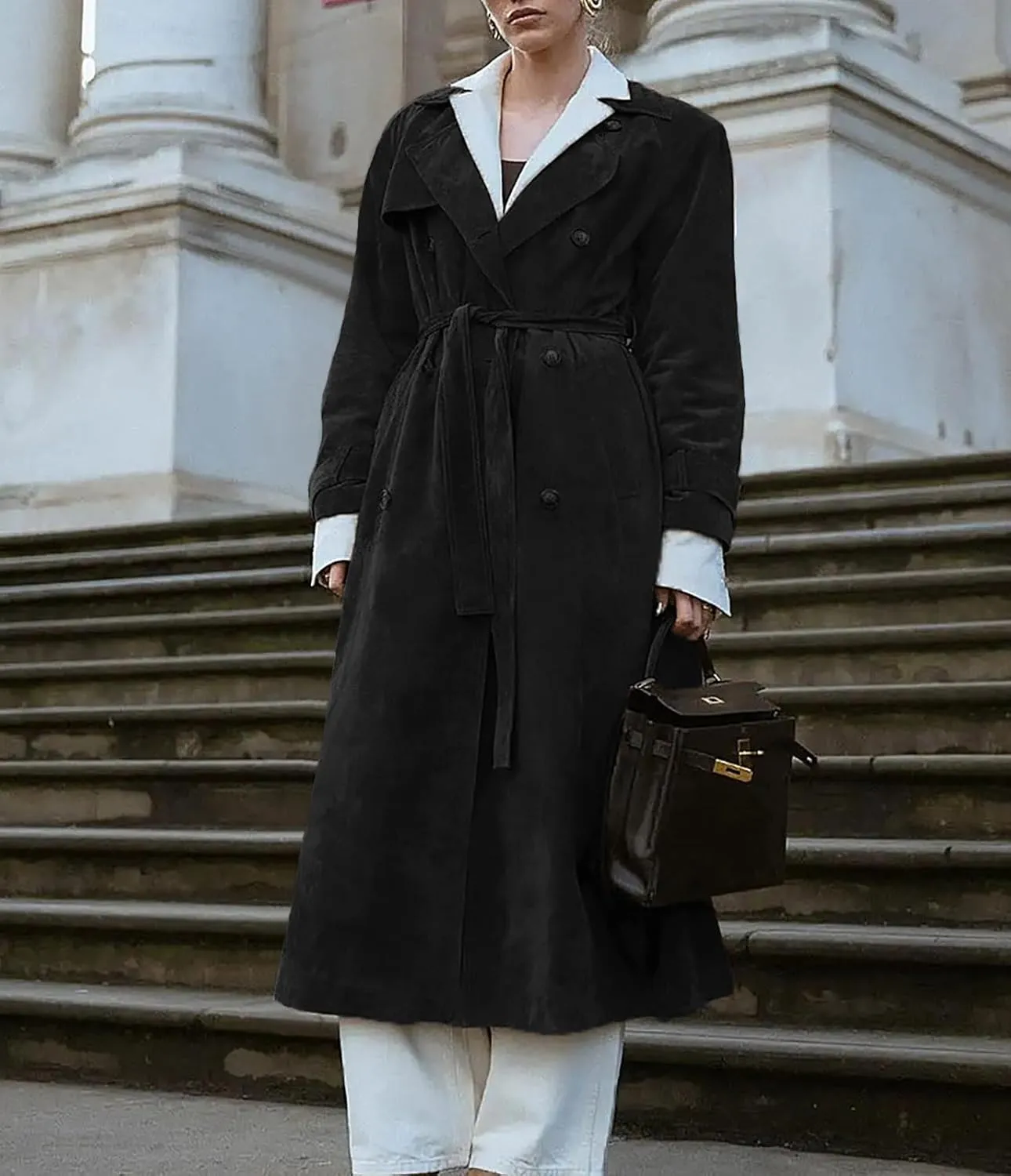 utcoco Womens Faux Suede Long Trench Coat Notched Lapel Double Breasted Pea Coat Overcoat with Belt