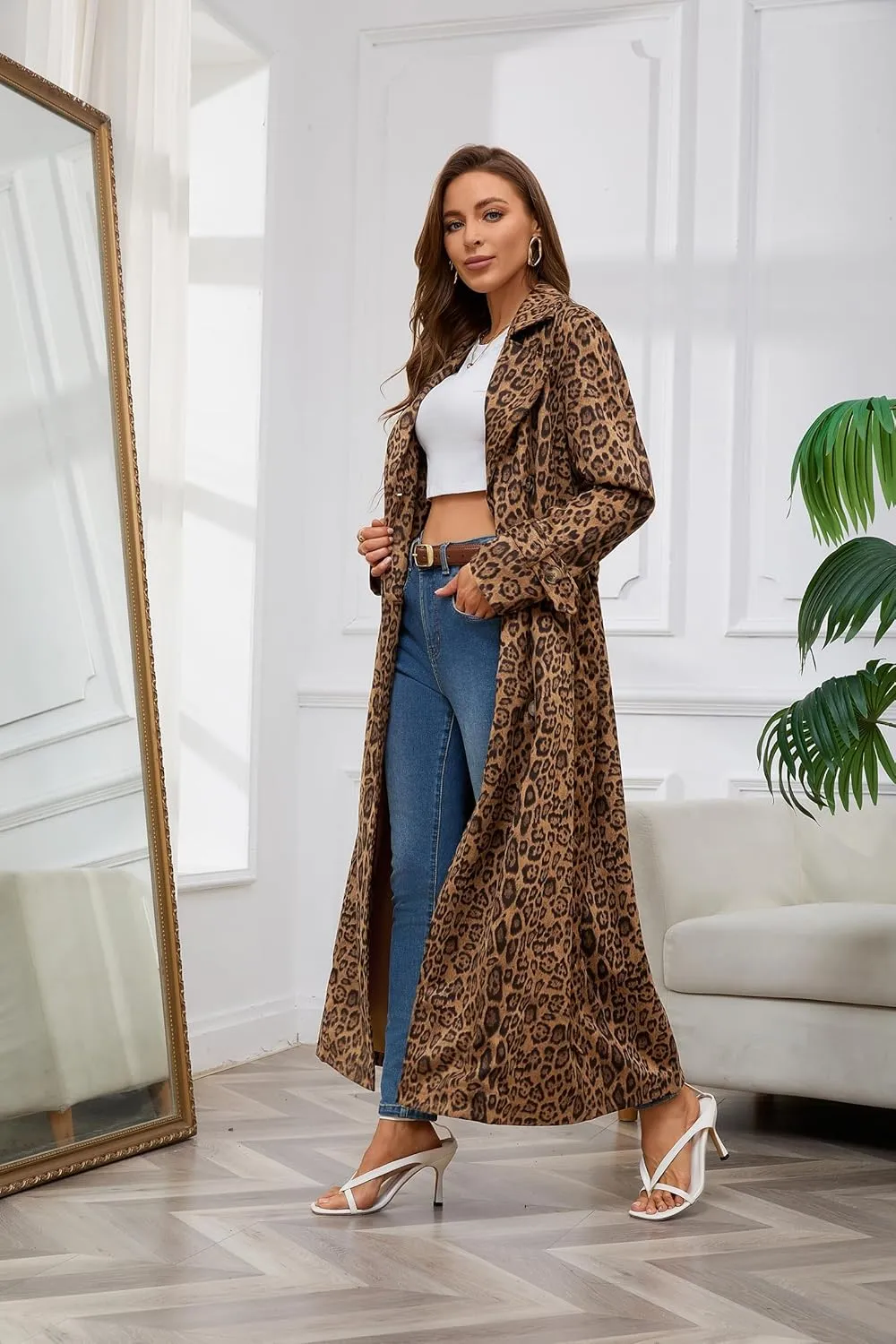 utcoco Womens Faux Suede Long Trench Coat Notched Lapel Double Breasted Pea Coat Overcoat with Belt
