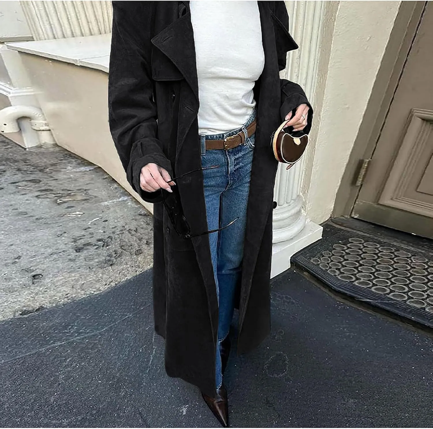 utcoco Womens Faux Suede Long Trench Coat Notched Lapel Double Breasted Pea Coat Overcoat with Belt