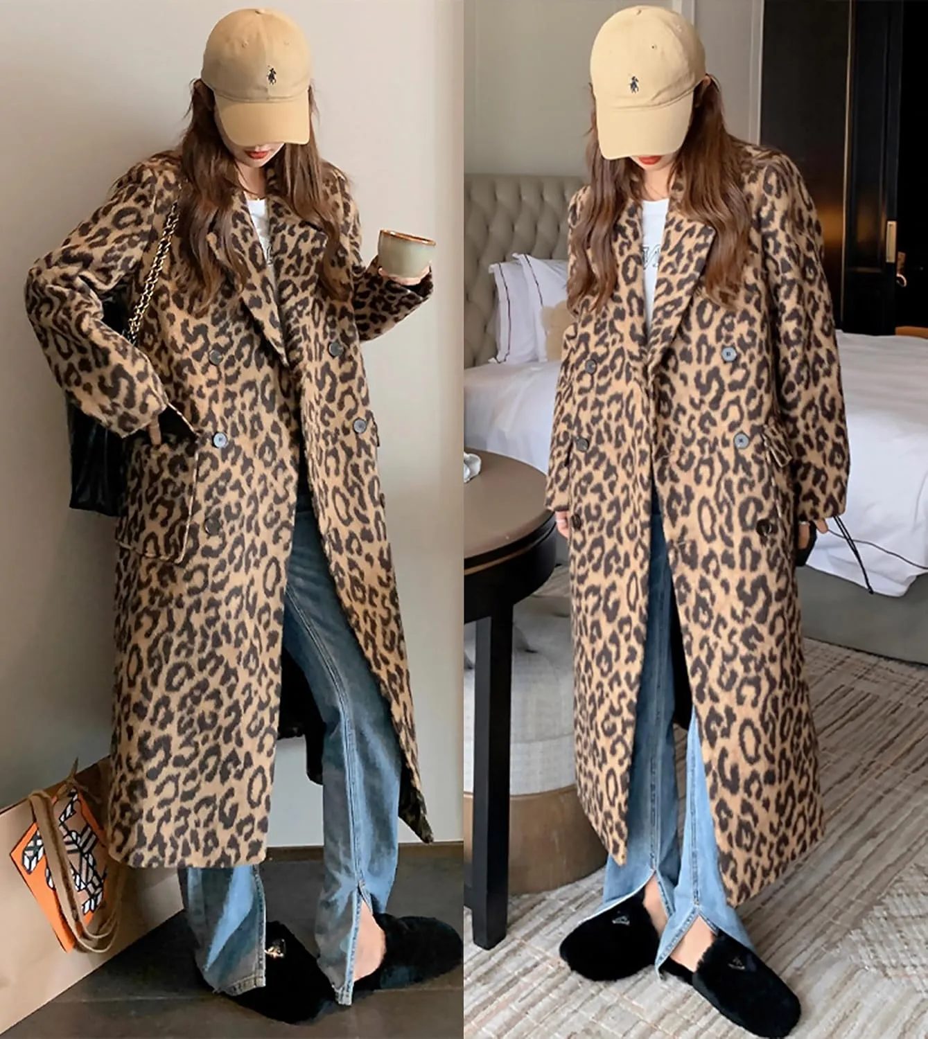 utcoco Womens Leopard Long Wool Trench Coat Notched Lapel Double Breasted Pea Coat Winter Warm Overcoat