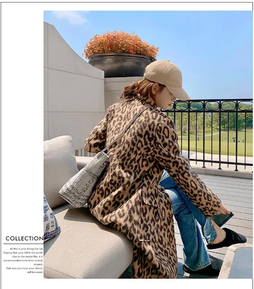 utcoco Womens Leopard Long Wool Trench Coat Notched Lapel Double Breasted Pea Coat Winter Warm Overcoat