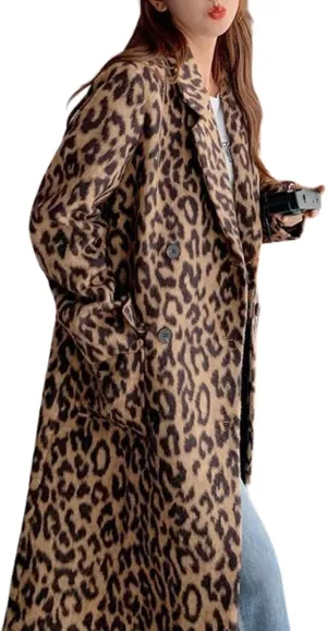 utcoco Womens Leopard Long Wool Trench Coat Notched Lapel Double Breasted Pea Coat Winter Warm Overcoat