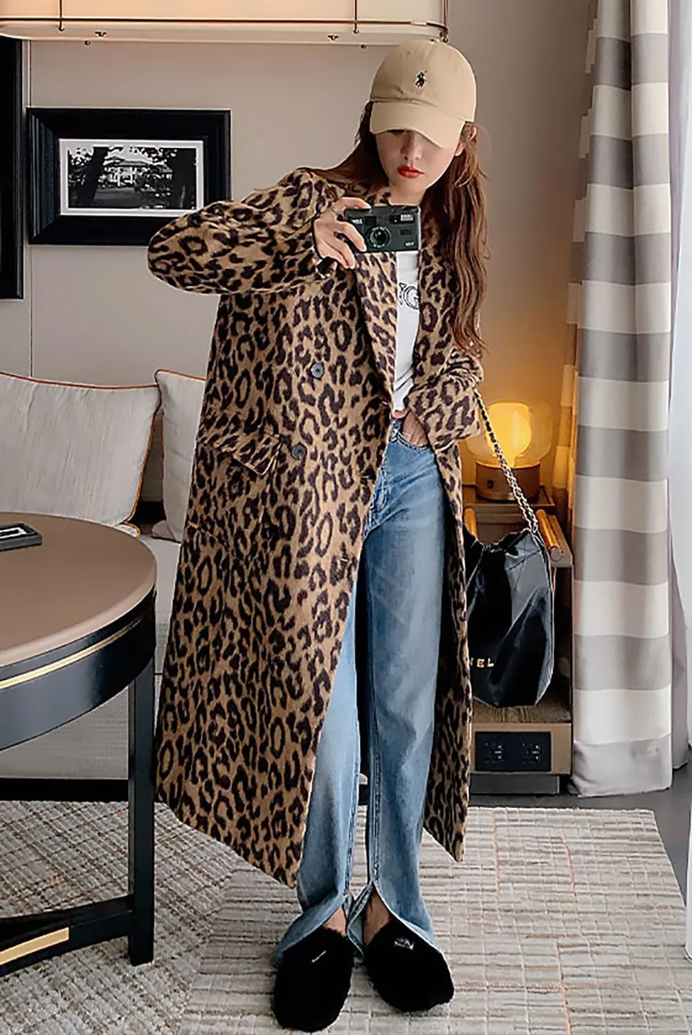 utcoco Womens Leopard Long Wool Trench Coat Notched Lapel Double Breasted Pea Coat Winter Warm Overcoat