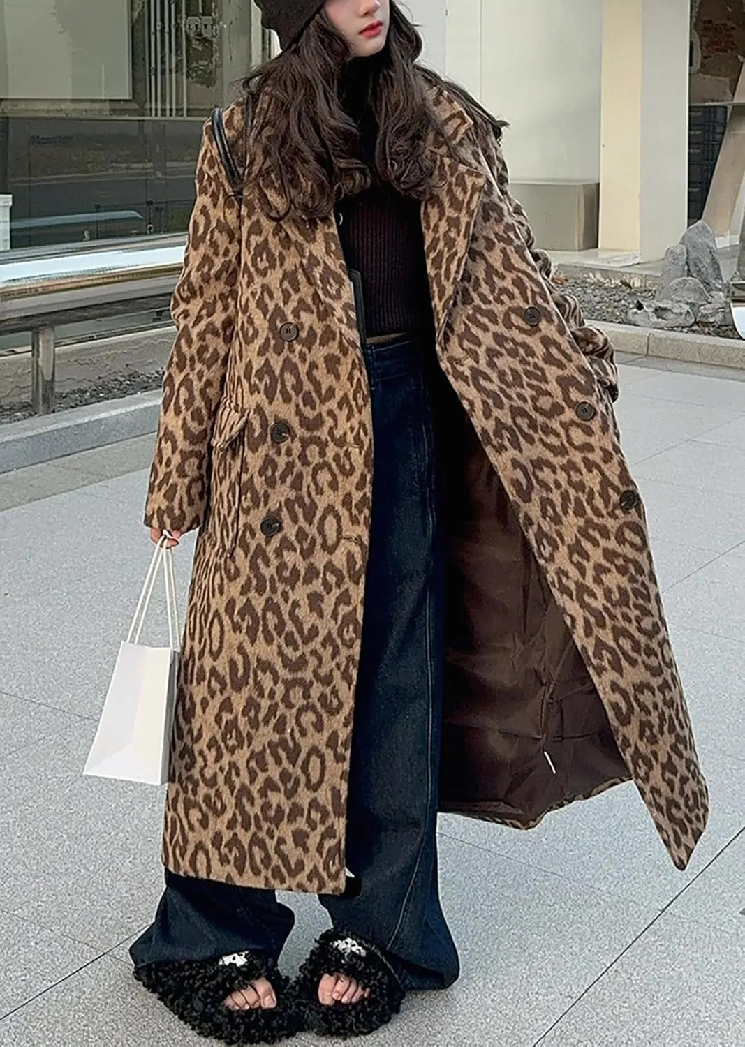 utcoco Womens Leopard Long Wool Trench Coat Notched Lapel Double Breasted Pea Coat Winter Warm Overcoat