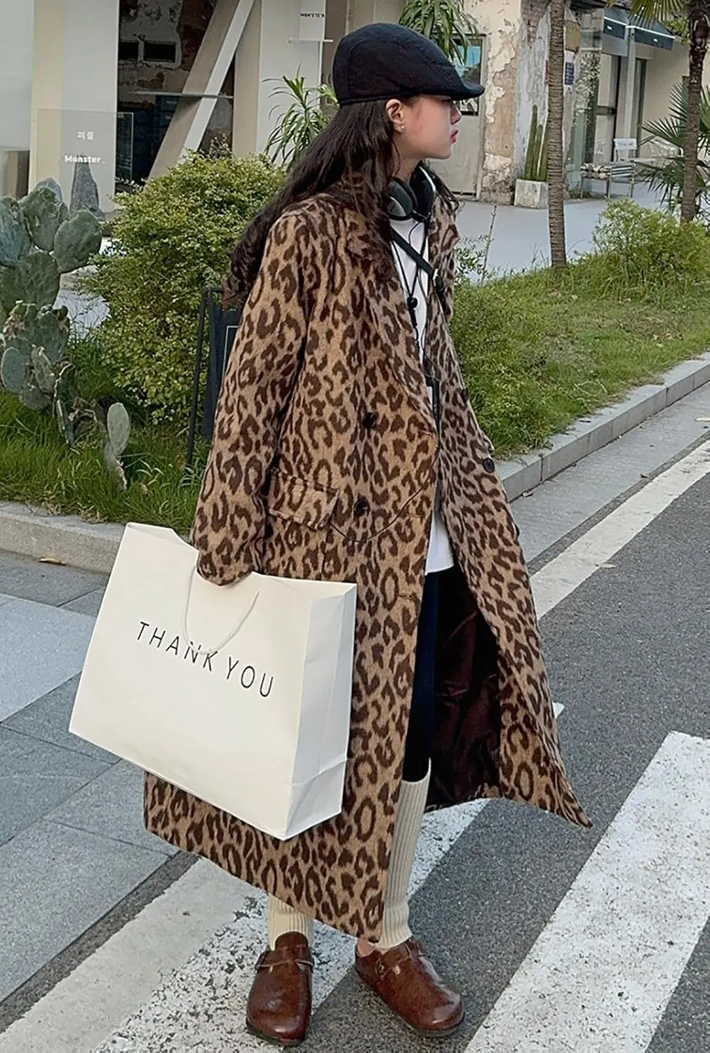 utcoco Womens Leopard Long Wool Trench Coat Notched Lapel Double Breasted Pea Coat Winter Warm Overcoat