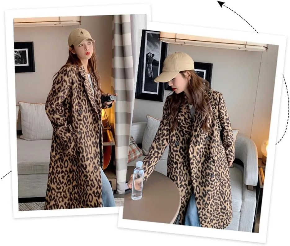 utcoco Womens Leopard Long Wool Trench Coat Notched Lapel Double Breasted Pea Coat Winter Warm Overcoat