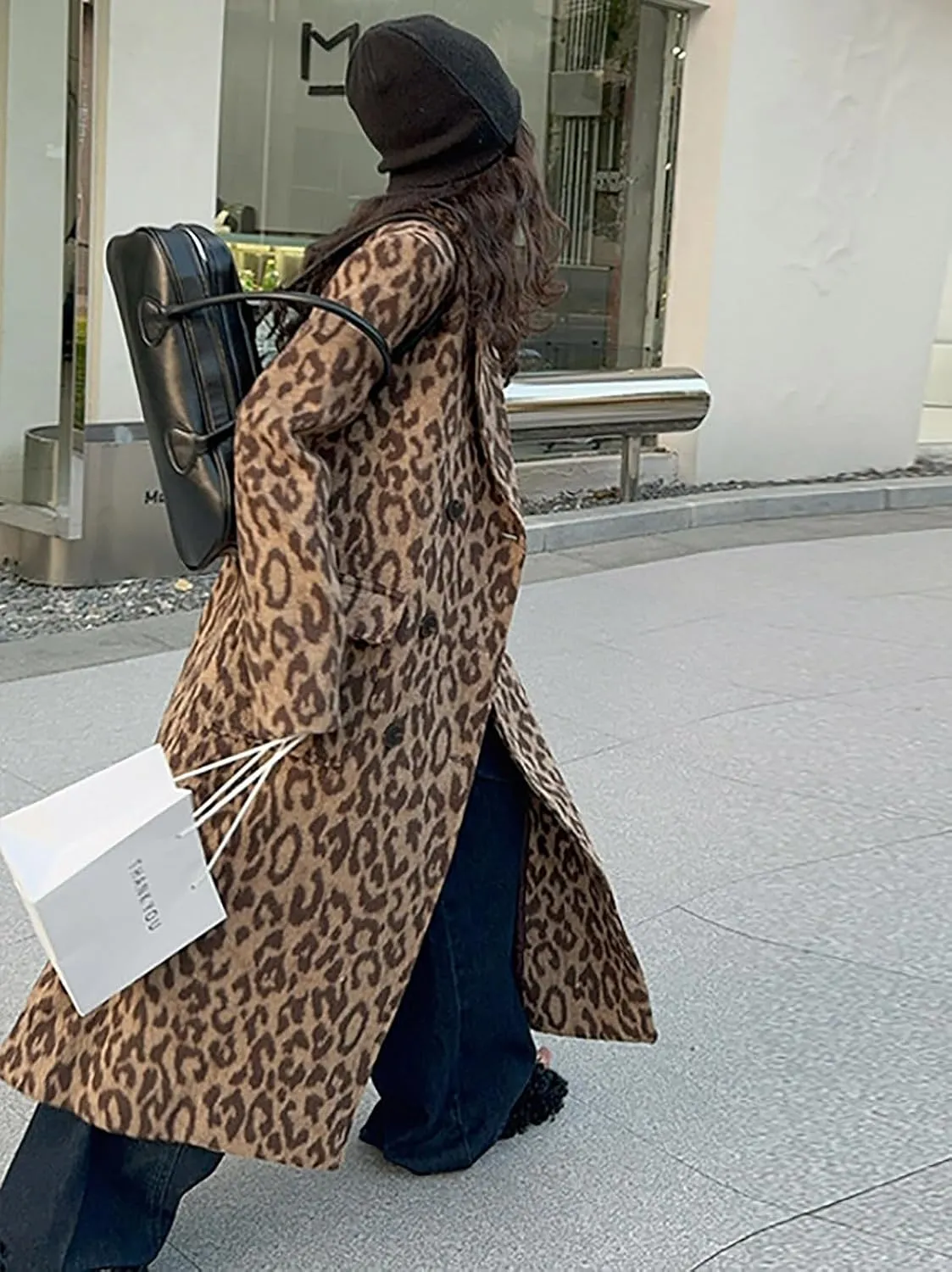 utcoco Womens Leopard Long Wool Trench Coat Notched Lapel Double Breasted Pea Coat Winter Warm Overcoat