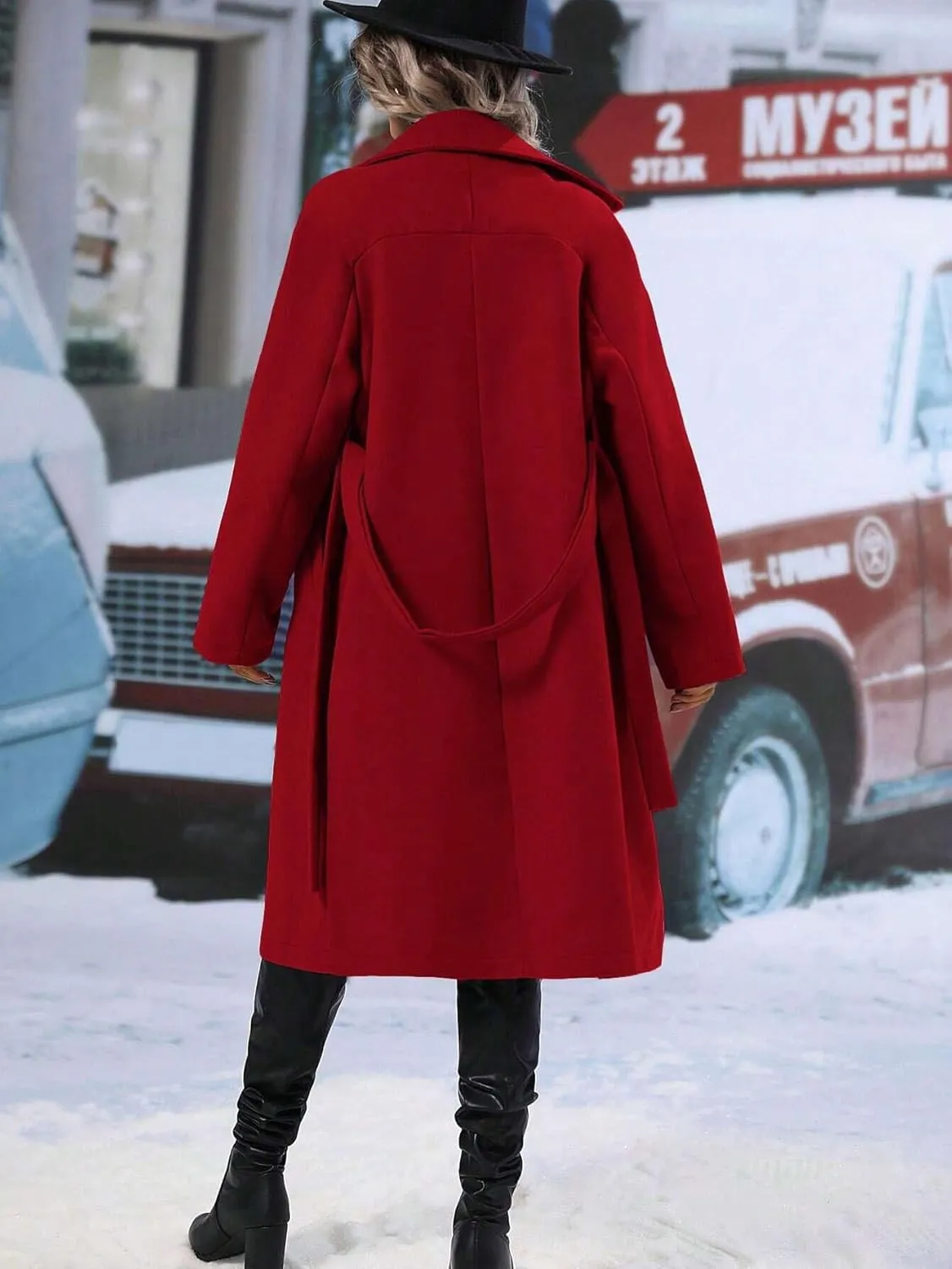 utcoco Womens Long Wool Pea Coat Notched Lapel Double Breasted Trench Coat Winter Warm Overcoat with Belt