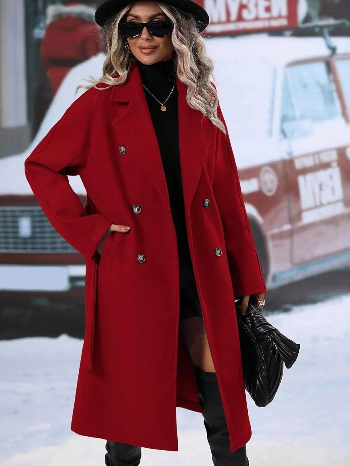 utcoco Womens Long Wool Pea Coat Notched Lapel Double Breasted Trench Coat Winter Warm Overcoat with Belt