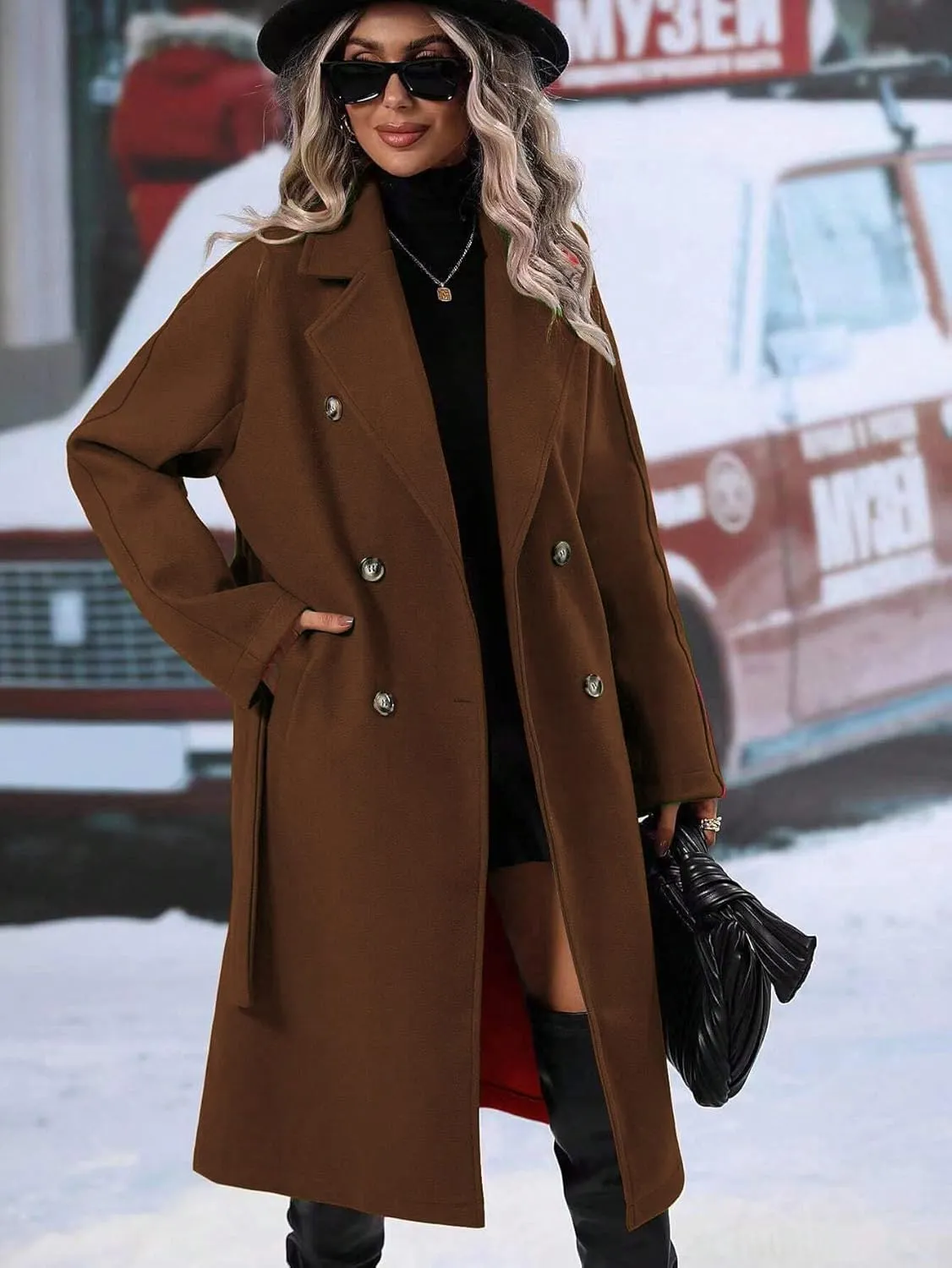 utcoco Womens Long Wool Pea Coat Notched Lapel Double Breasted Trench Coat Winter Warm Overcoat with Belt