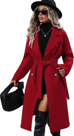utcoco Womens Long Wool Pea Coat Notched Lapel Double Breasted Trench Coat Winter Warm Overcoat with Belt