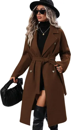 utcoco Womens Long Wool Pea Coat Notched Lapel Double Breasted Trench Coat Winter Warm Overcoat with Belt