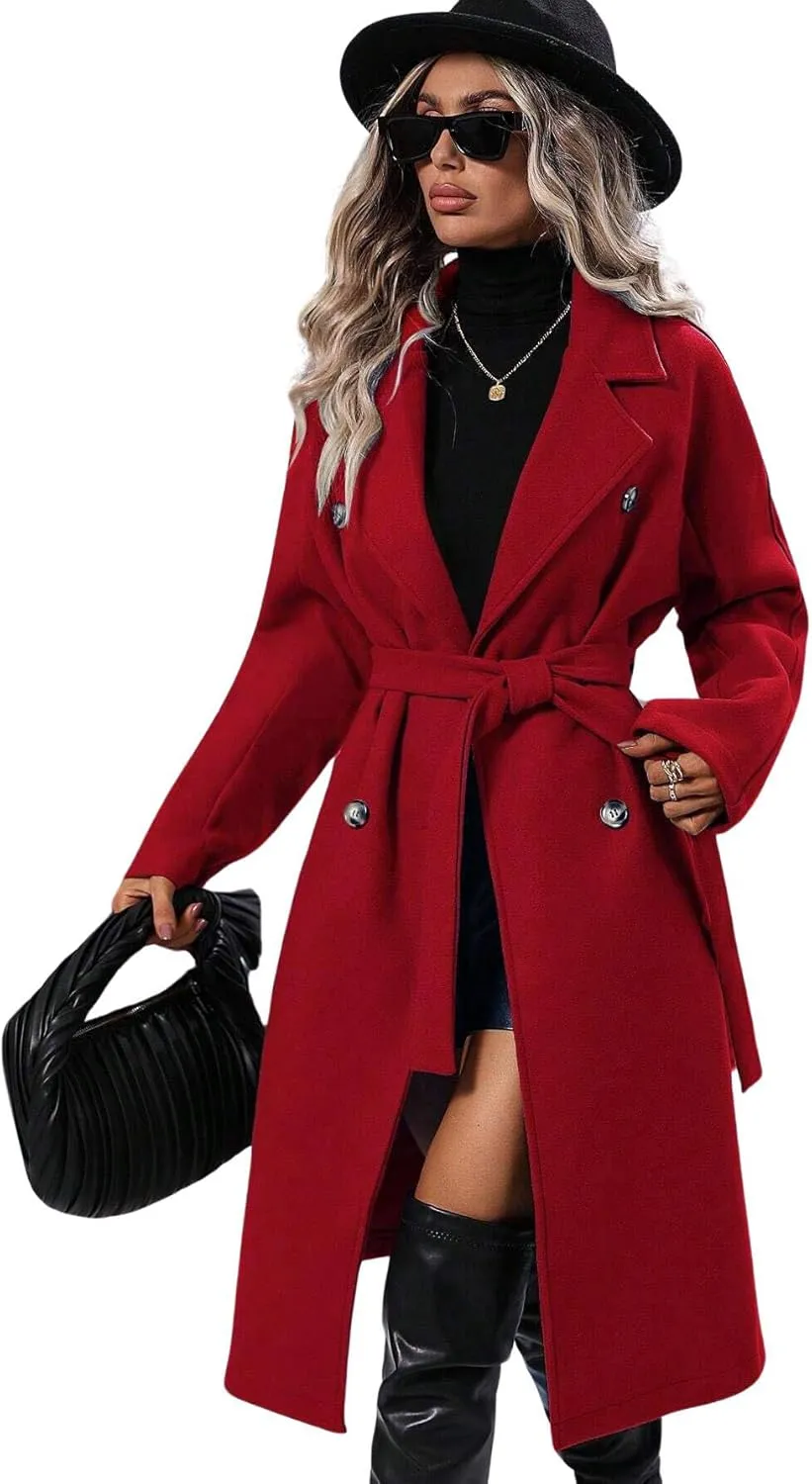 utcoco Womens Long Wool Pea Coat Notched Lapel Double Breasted Trench Coat Winter Warm Overcoat with Belt