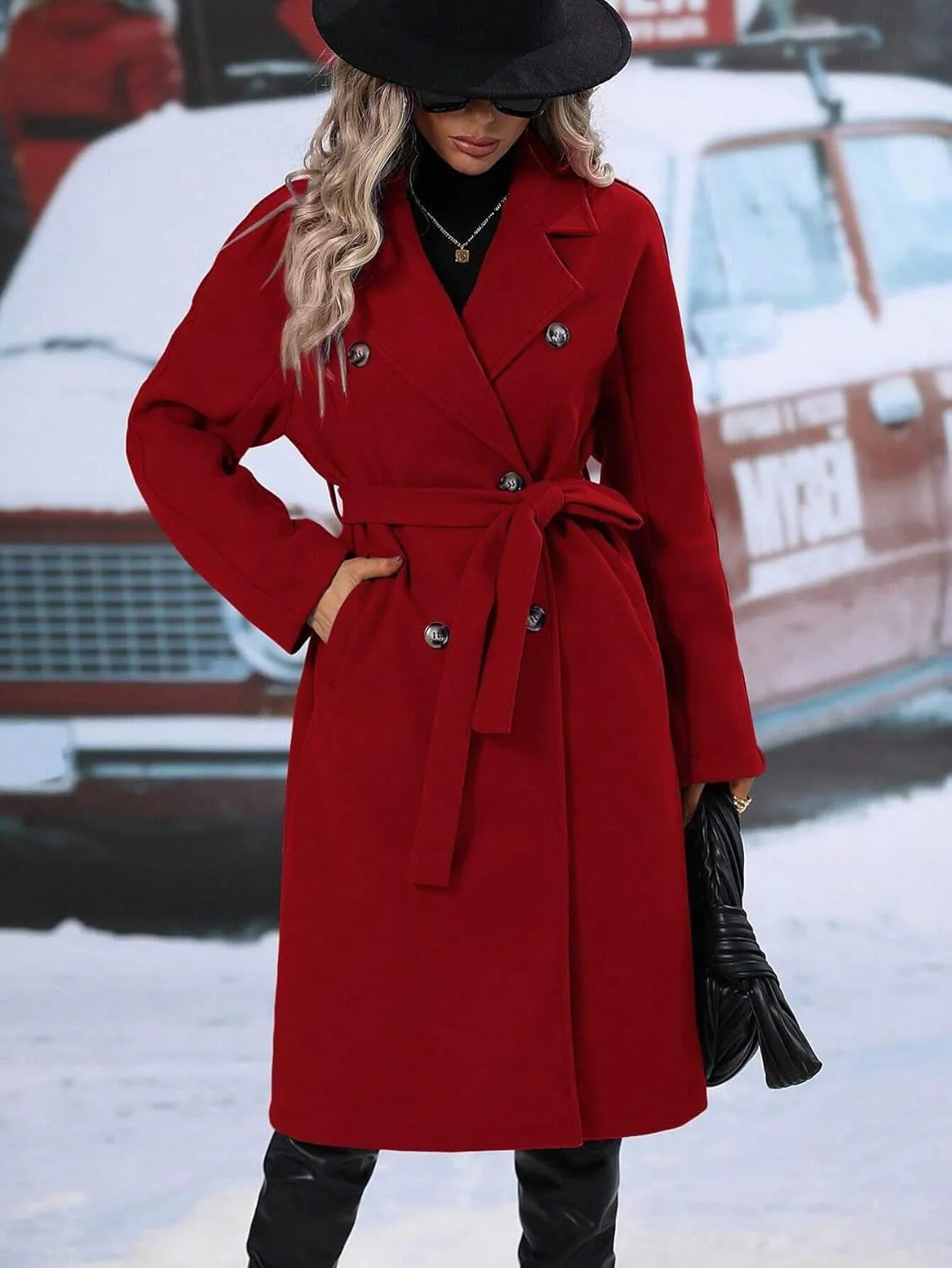 utcoco Womens Long Wool Pea Coat Notched Lapel Double Breasted Trench Coat Winter Warm Overcoat with Belt