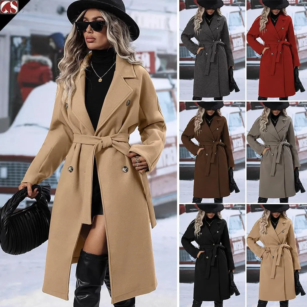 utcoco Womens Long Wool Pea Coat Notched Lapel Double Breasted Trench Coat Winter Warm Overcoat with Belt
