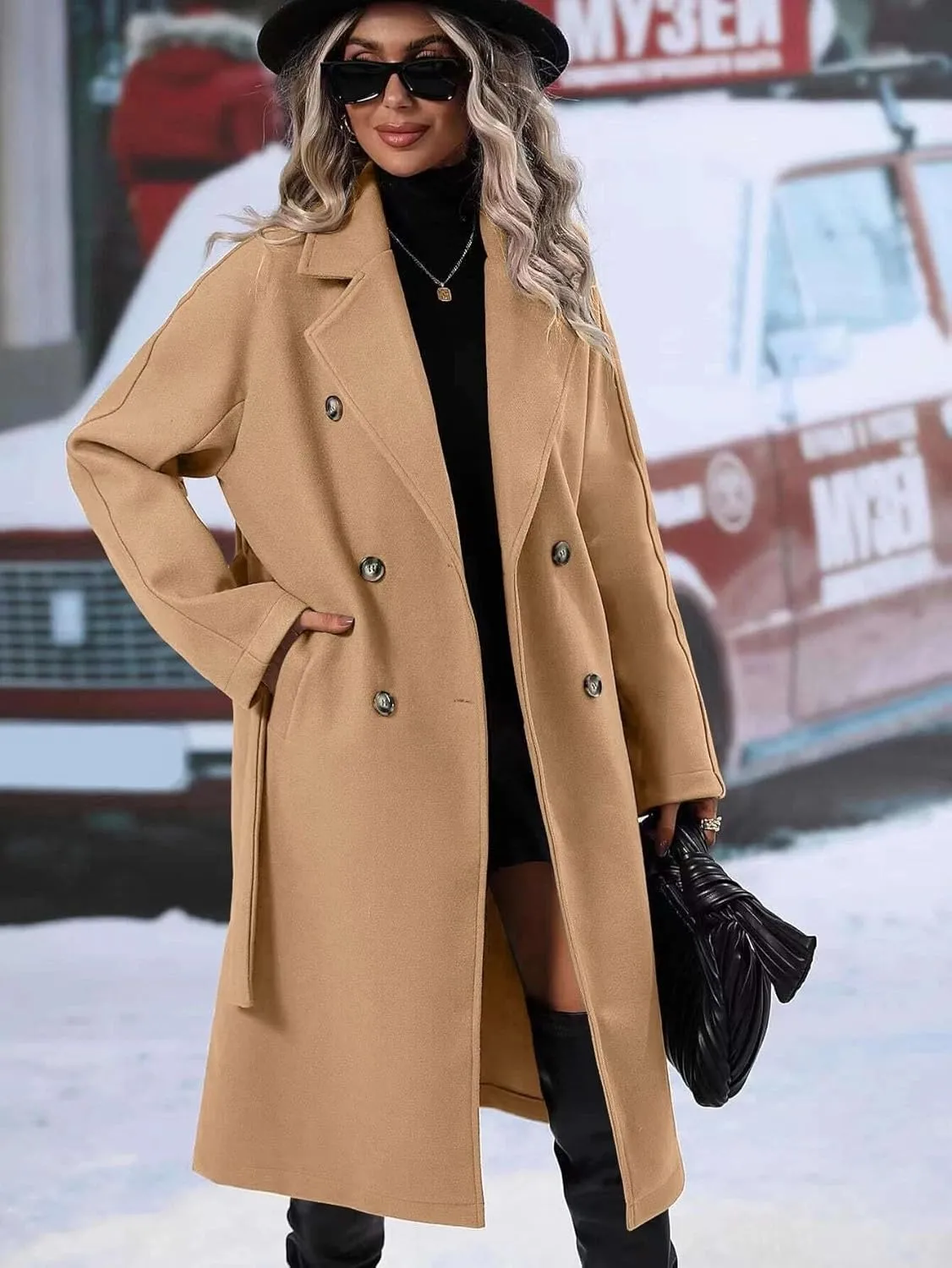 utcoco Womens Long Wool Pea Coat Notched Lapel Double Breasted Trench Coat Winter Warm Overcoat with Belt