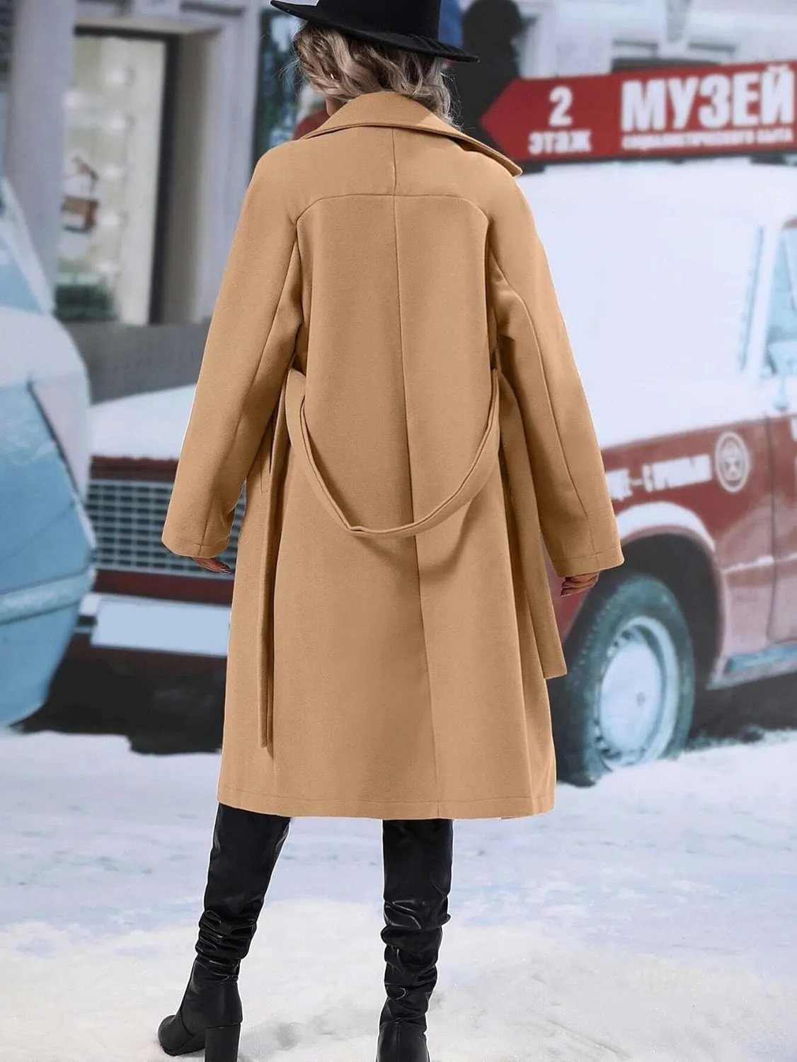 utcoco Womens Long Wool Pea Coat Notched Lapel Double Breasted Trench Coat Winter Warm Overcoat with Belt