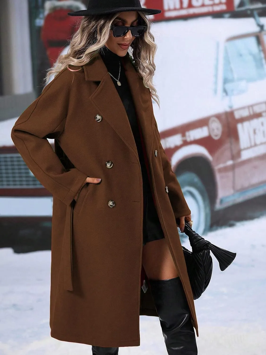utcoco Womens Long Wool Pea Coat Notched Lapel Double Breasted Trench Coat Winter Warm Overcoat with Belt