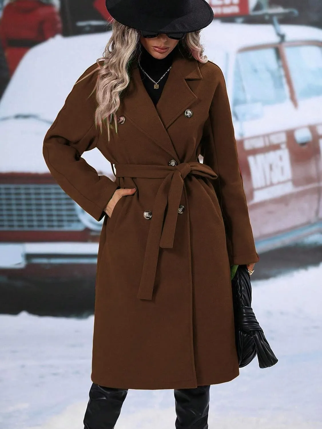 utcoco Womens Long Wool Pea Coat Notched Lapel Double Breasted Trench Coat Winter Warm Overcoat with Belt
