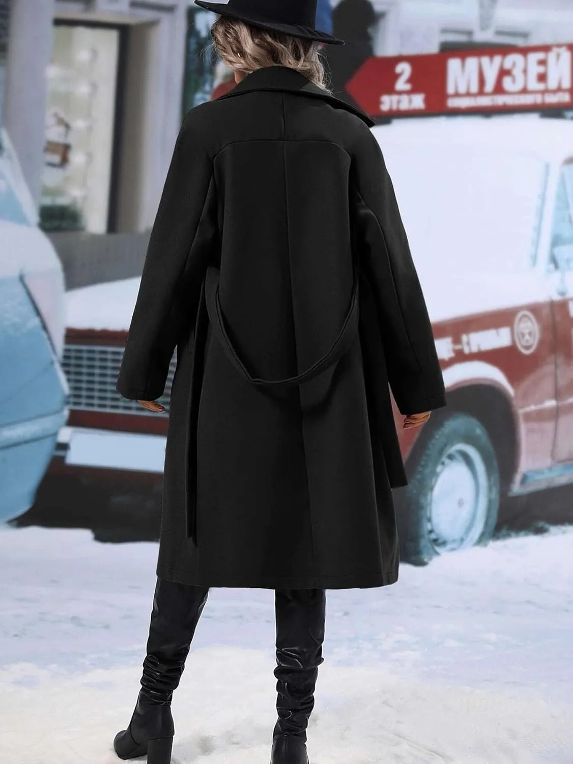 utcoco Womens Long Wool Pea Coat Notched Lapel Double Breasted Trench Coat Winter Warm Overcoat with Belt