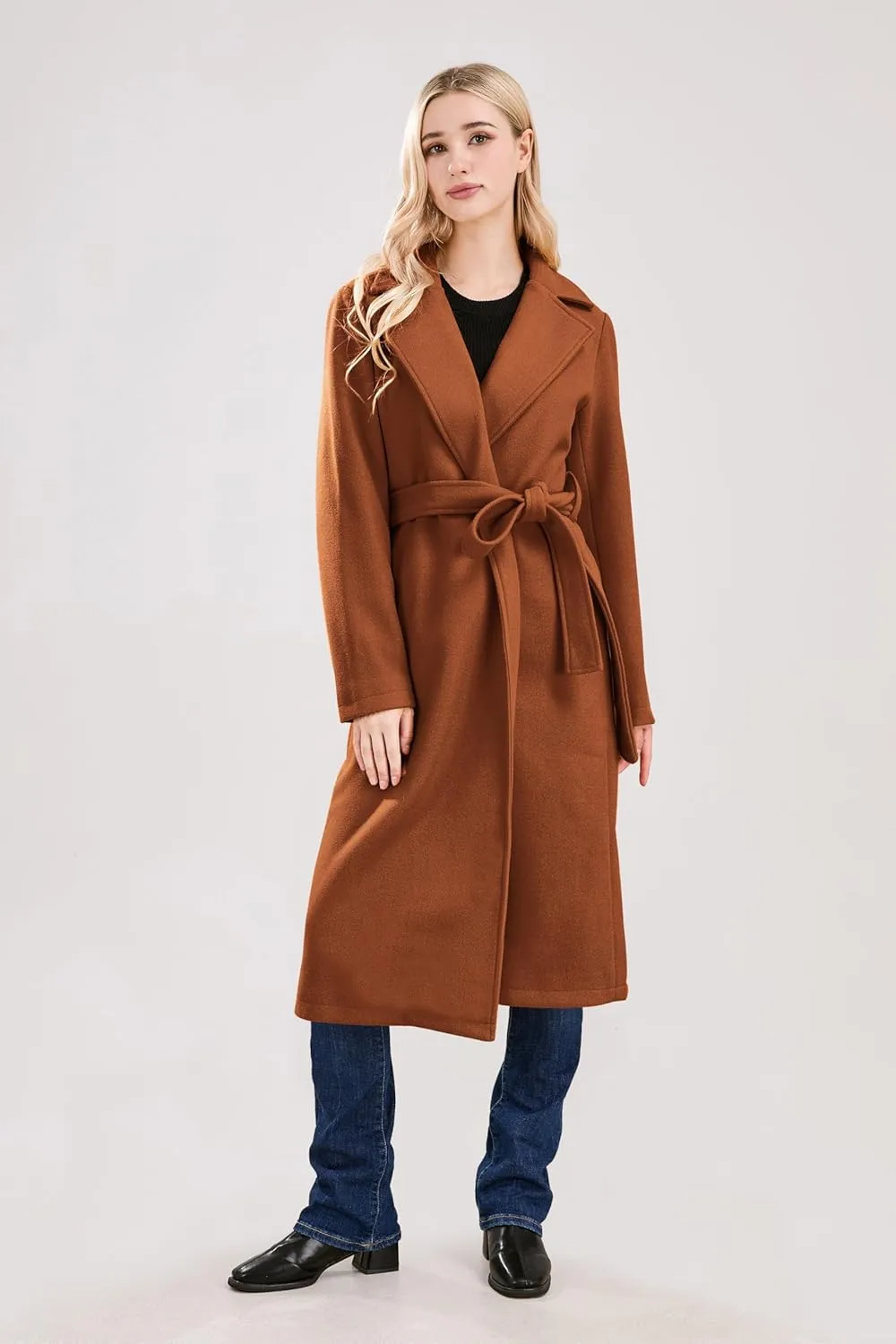 utcoco Womens Long Wool Pea Coats Notched Collar Open Front Woolen Blend Trench Coat with Belt
