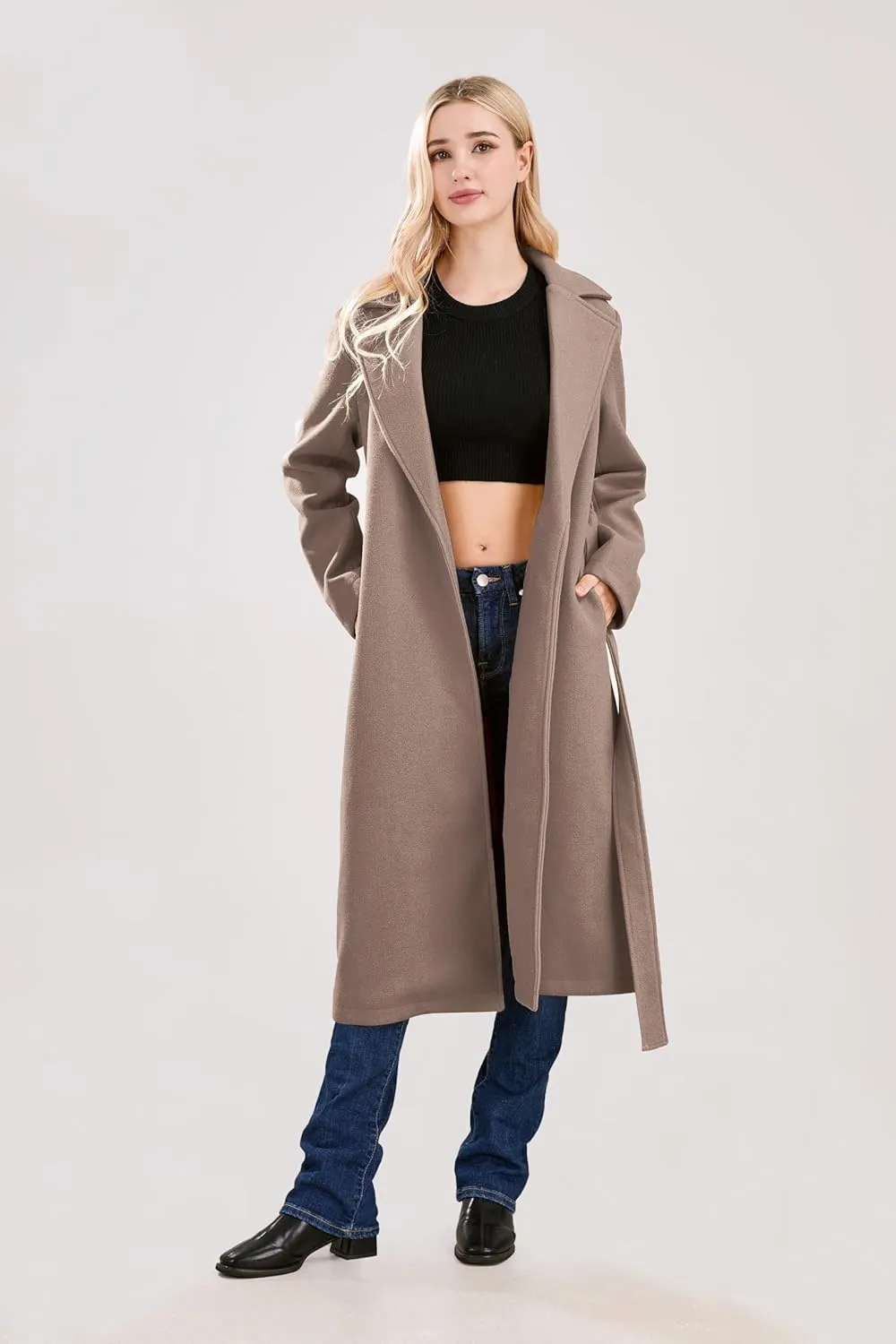 utcoco Womens Long Wool Pea Coats Notched Collar Open Front Woolen Blend Trench Coat with Belt