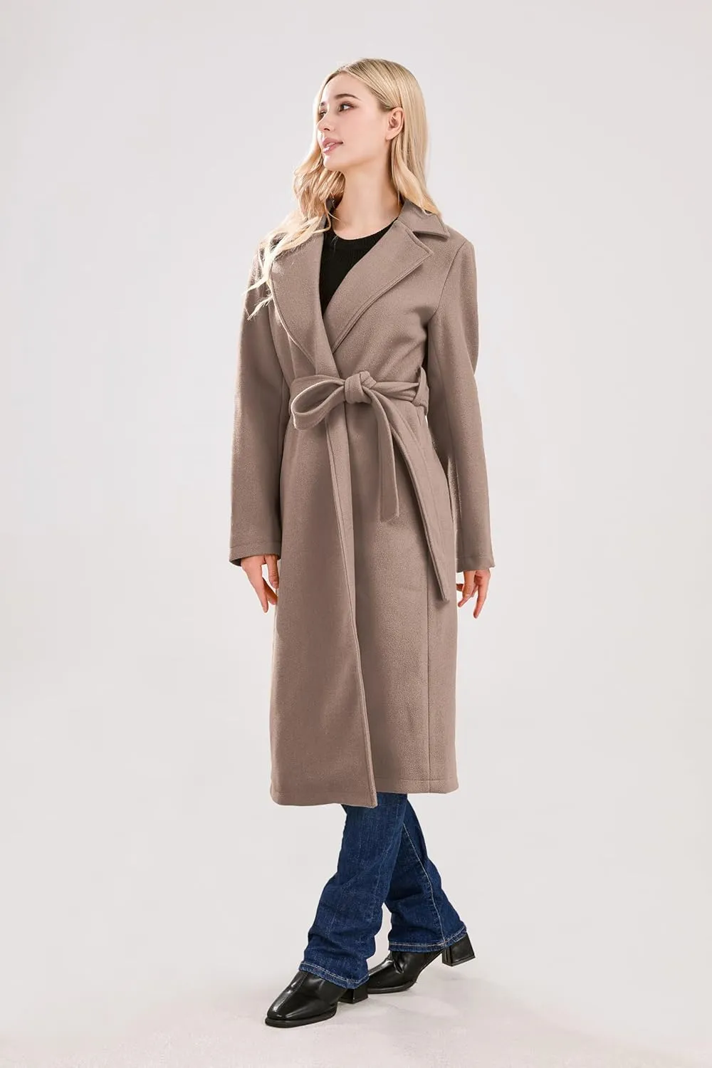 utcoco Womens Long Wool Pea Coats Notched Collar Open Front Woolen Blend Trench Coat with Belt