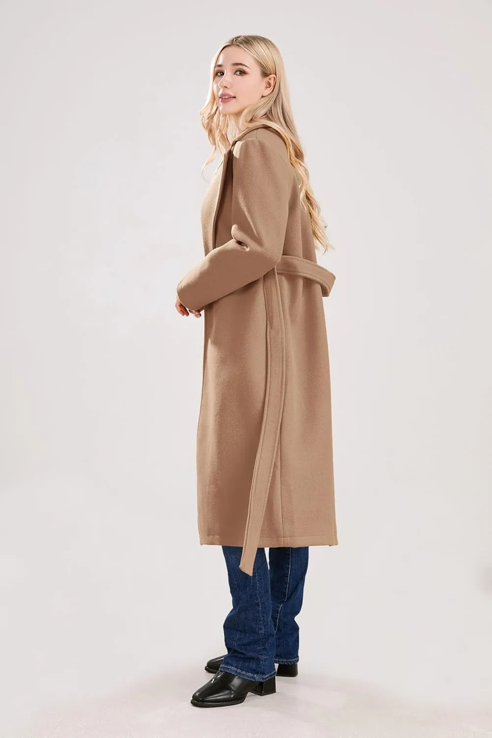 utcoco Womens Long Wool Pea Coats Notched Collar Open Front Woolen Blend Trench Coat with Belt