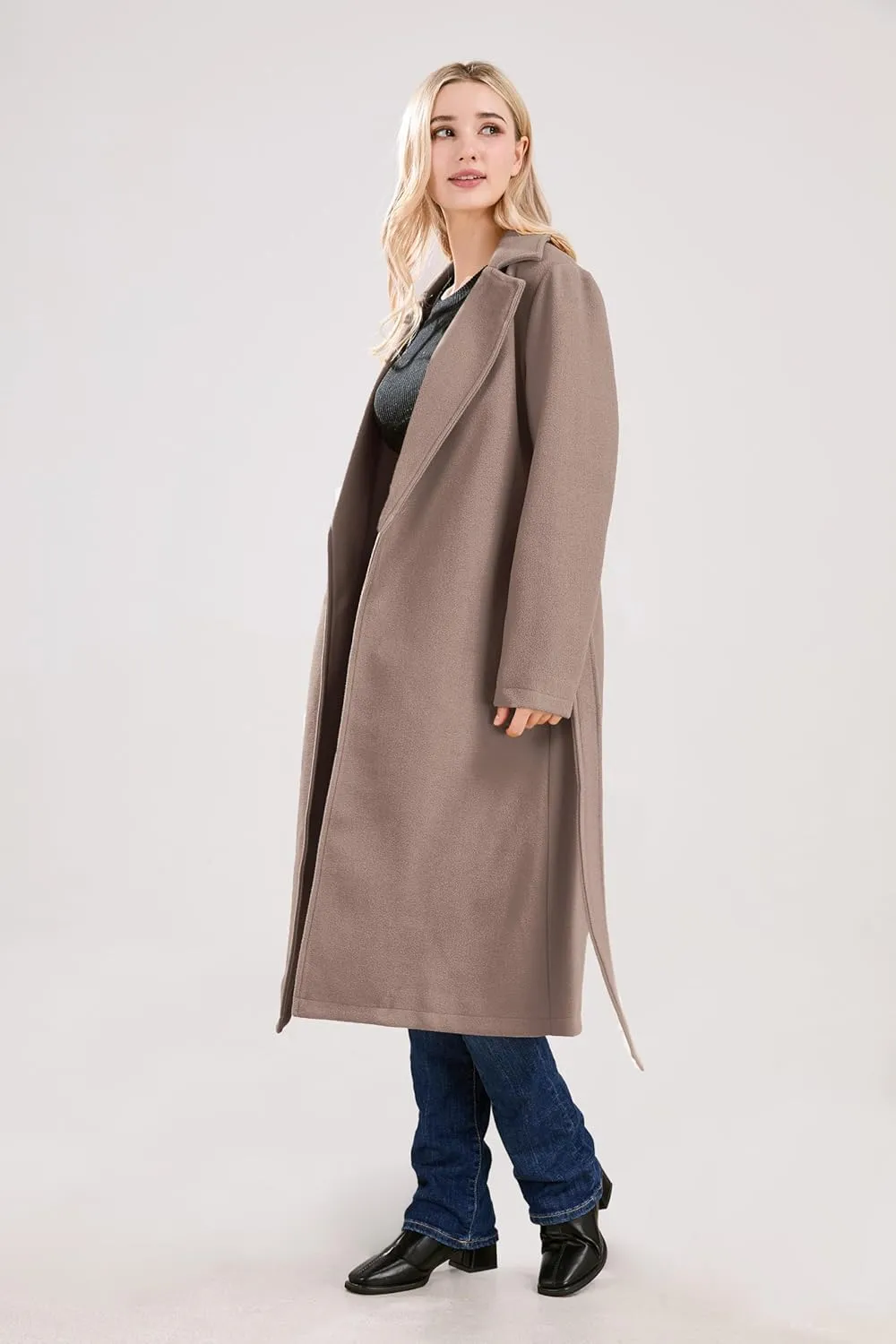 utcoco Womens Long Wool Pea Coats Notched Collar Open Front Woolen Blend Trench Coat with Belt