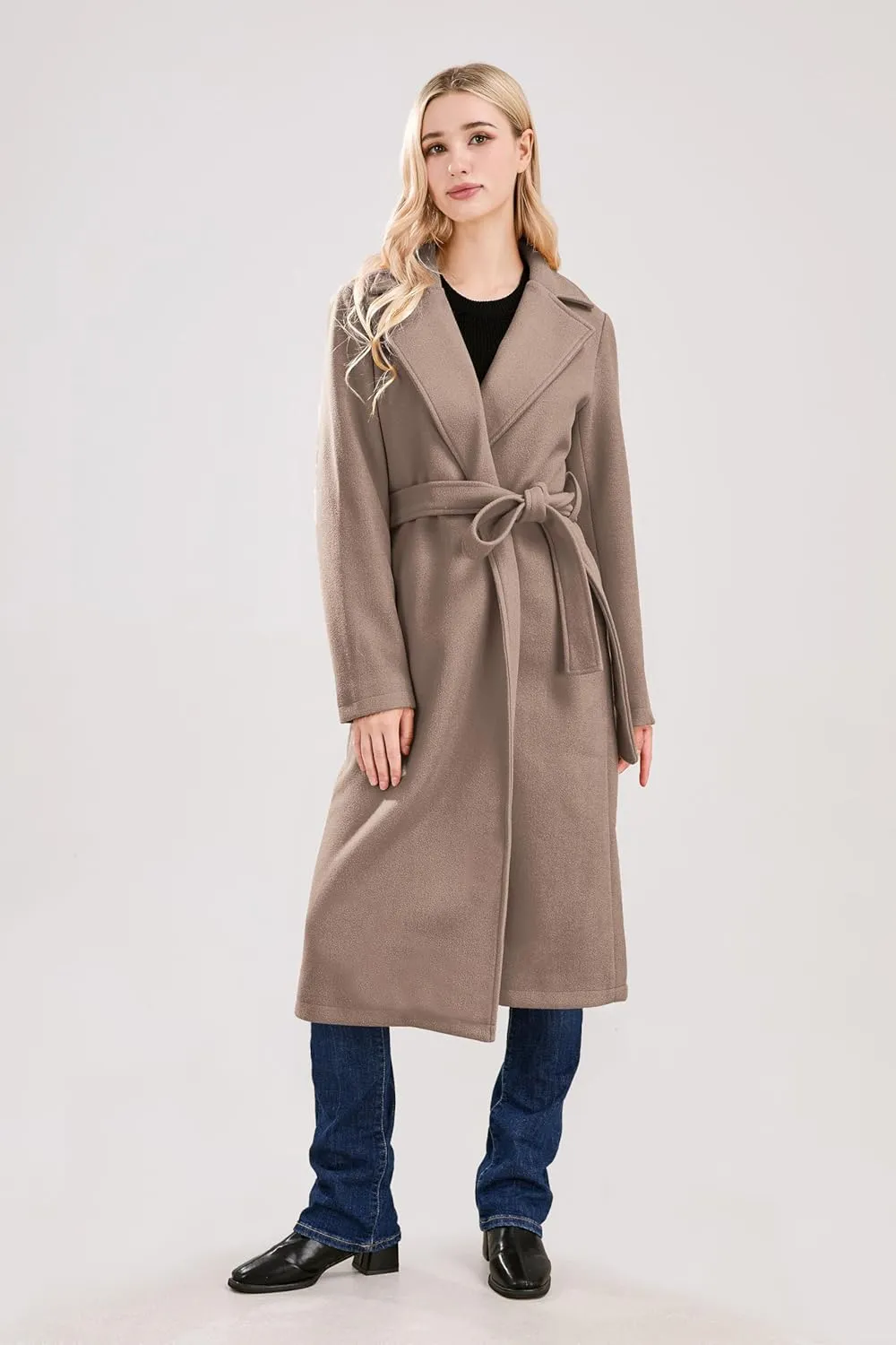 utcoco Womens Long Wool Pea Coats Notched Collar Open Front Woolen Blend Trench Coat with Belt