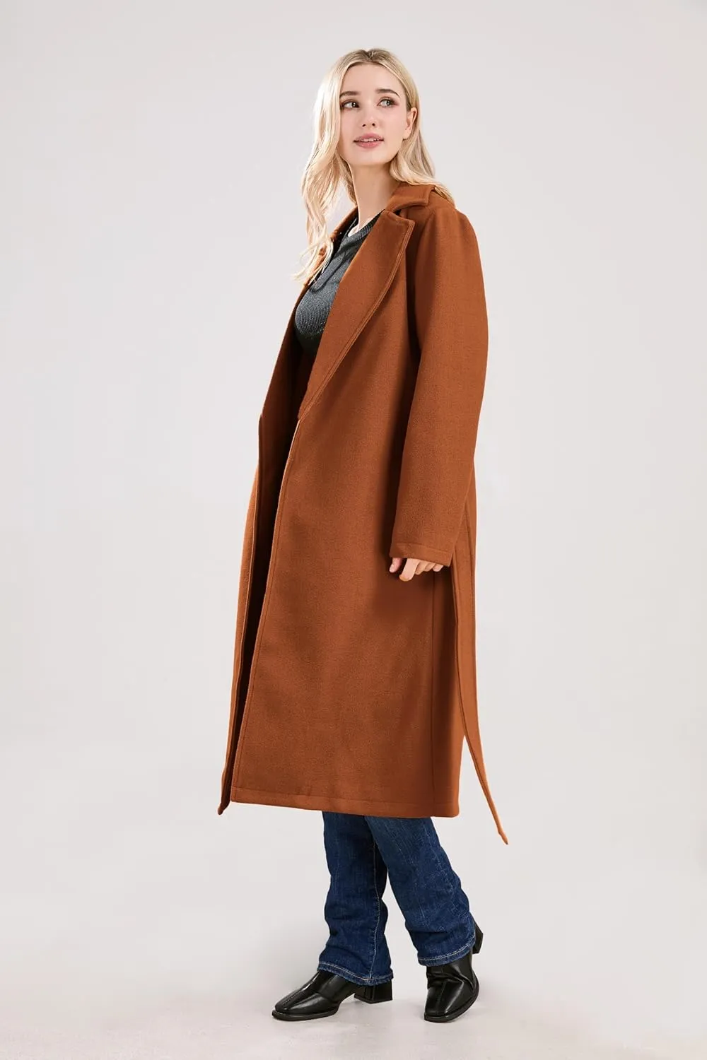 utcoco Womens Long Wool Pea Coats Notched Collar Open Front Woolen Blend Trench Coat with Belt