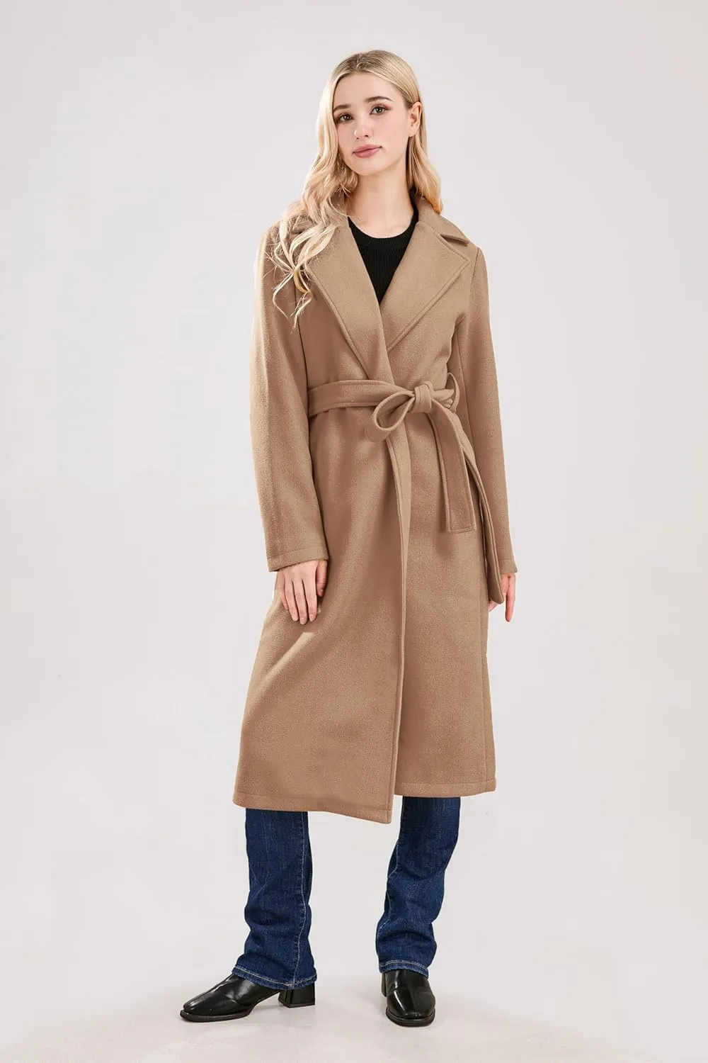utcoco Womens Long Wool Pea Coats Notched Collar Open Front Woolen Blend Trench Coat with Belt