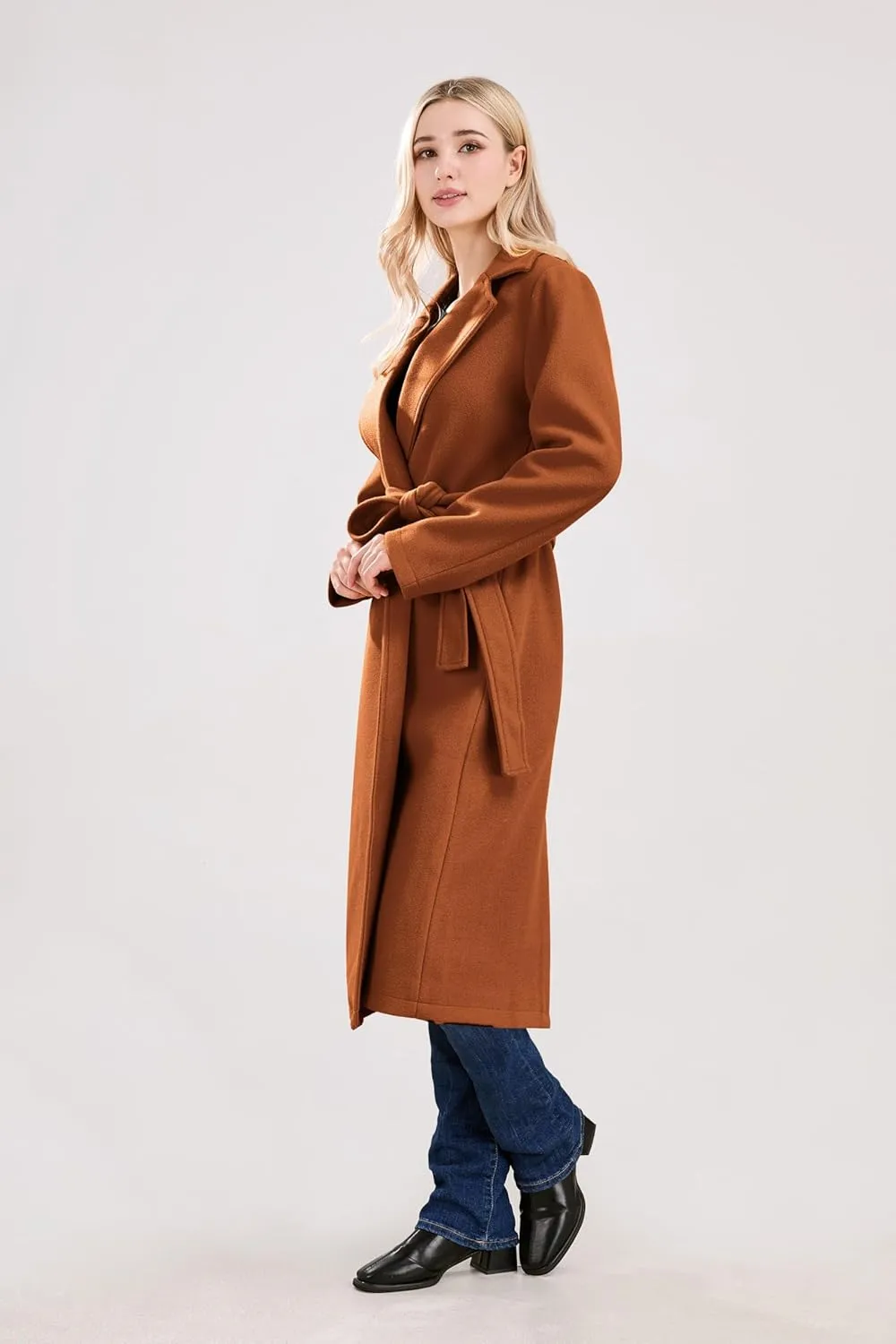 utcoco Womens Long Wool Pea Coats Notched Collar Open Front Woolen Blend Trench Coat with Belt