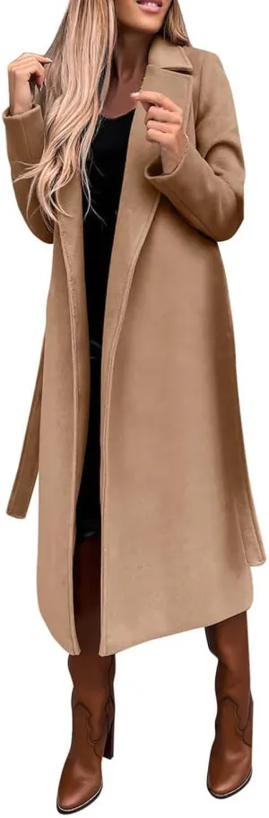 utcoco Womens Long Wool Pea Coats Notched Collar Open Front Woolen Blend Trench Coat with Belt