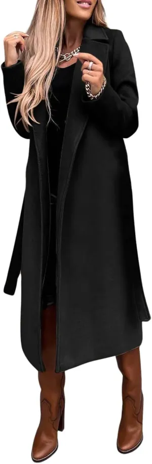 utcoco Womens Long Wool Pea Coats Notched Collar Open Front Woolen Blend Trench Coat with Belt