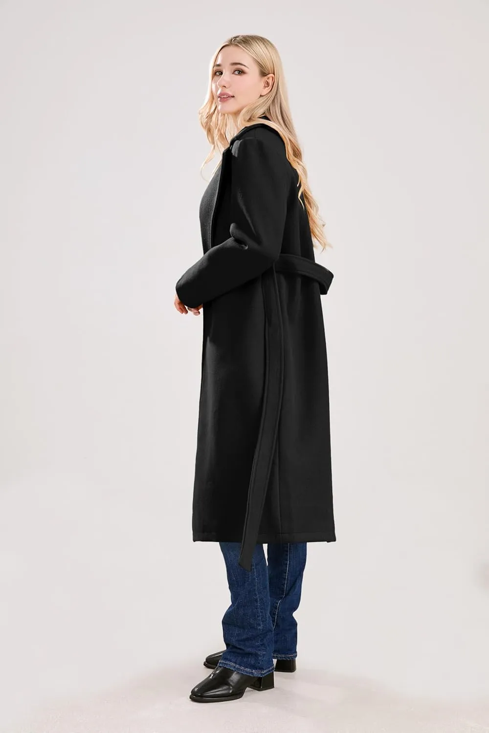 utcoco Womens Long Wool Pea Coats Notched Collar Open Front Woolen Blend Trench Coat with Belt