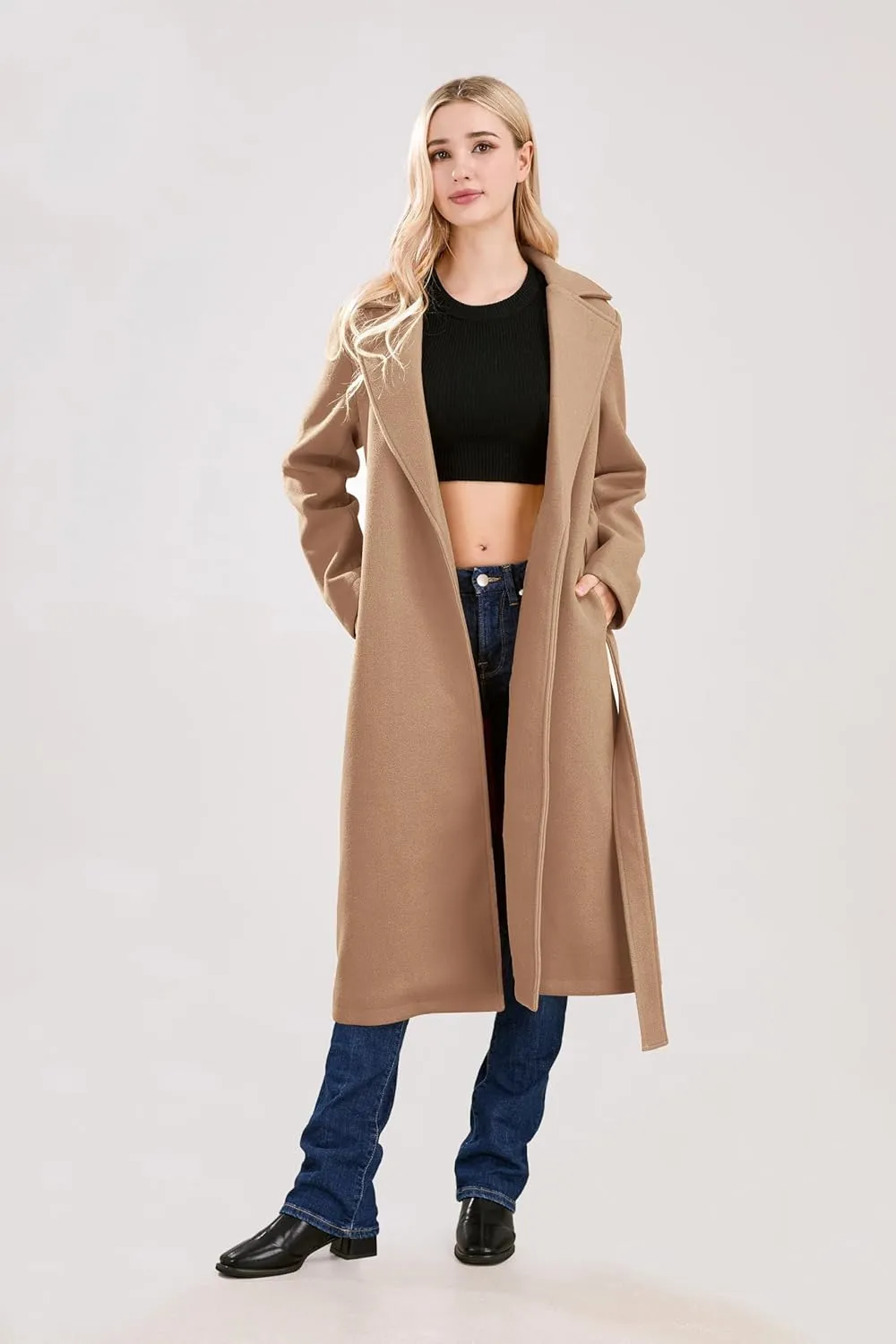 utcoco Womens Long Wool Pea Coats Notched Collar Open Front Woolen Blend Trench Coat with Belt